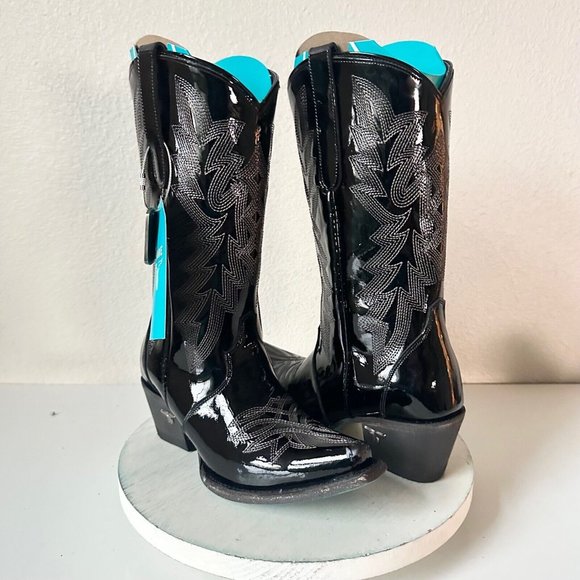 Lane Off The Record Cowgirl Western Boots Black 7.5 Cowboy Snip Toe Rodeo Midi - Picture 2 of 13